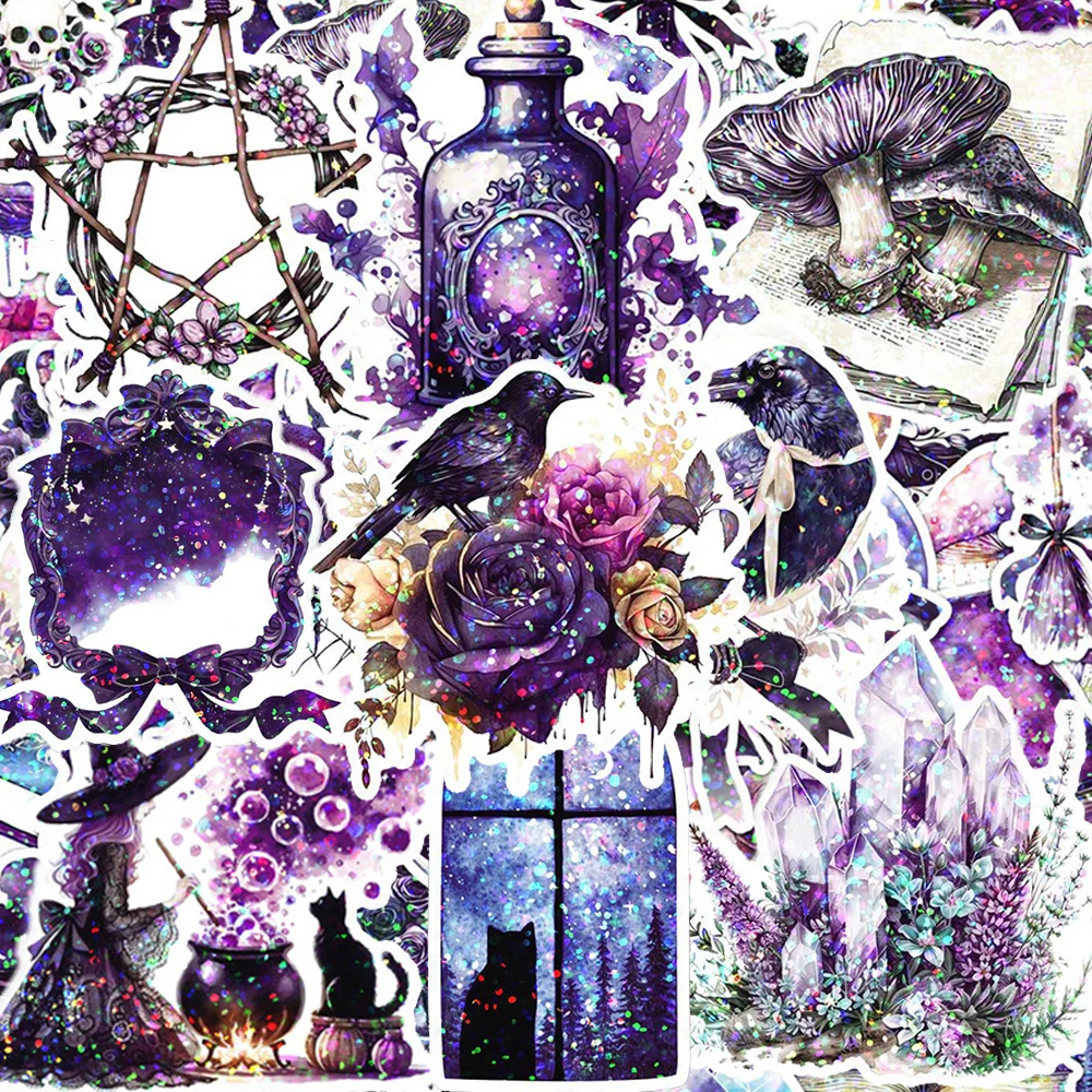 

10/30/50pcs Laser Magic Witch Cartoon Stickers Gothic Aesthetic Sticker Waterproof DIY Luggage Phone Guitar Car Decals Packing
