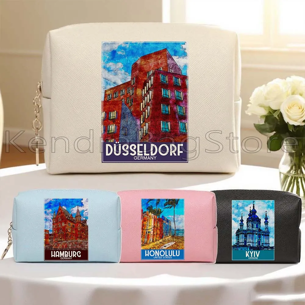 

Paris Dusseldorf Гамбург Гонконг Honolulu Kyiv Kyoto Дорожная косметичка из искусственной кожи Водонепроницаемая женская косметичка Сумка для туалетных принадлежностей