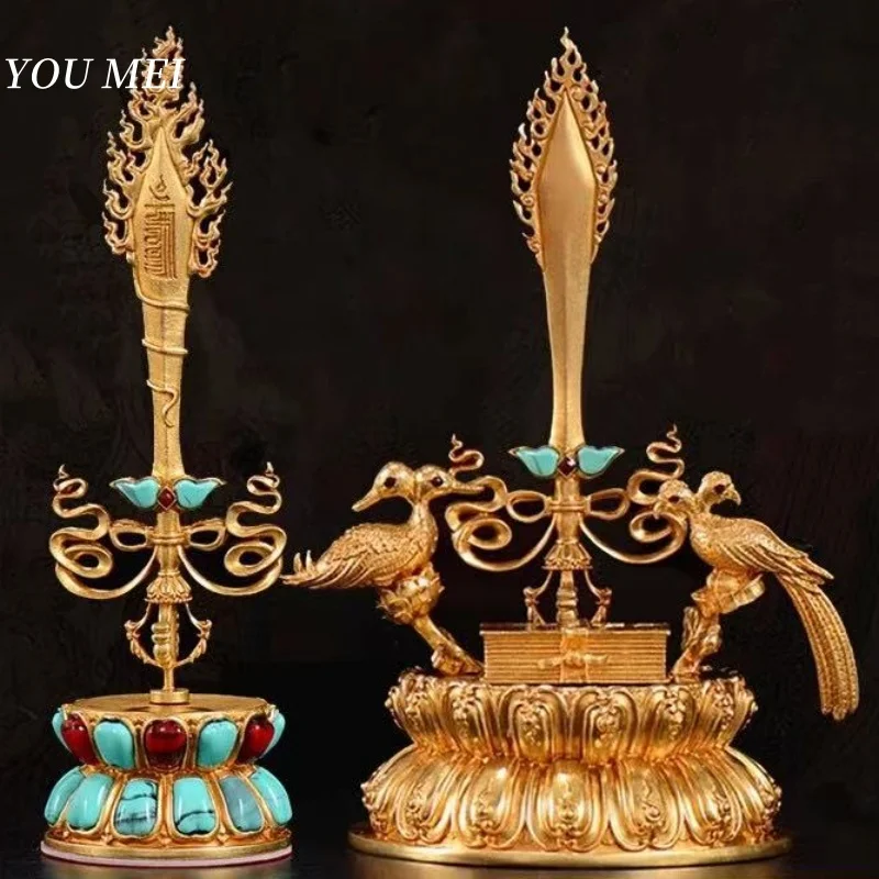Buddhism Manjusri Sword,Two-Headed Bird Inlaid Gem Copper Tibetan Item,Vajra Pestle Tantric Altars Ornament,Buddhist Supplies