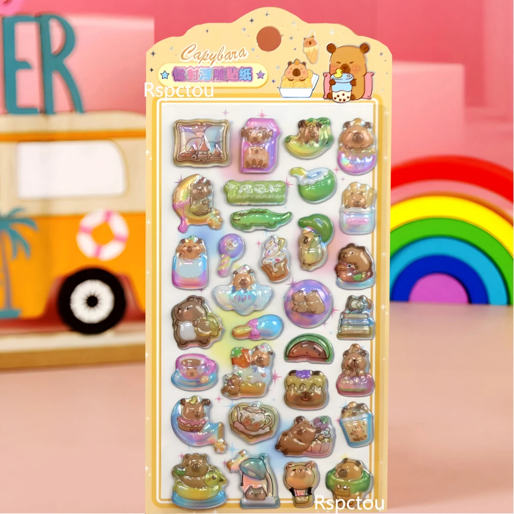 

4pcs Kawaii Cartoon Capybara 3D Relief Laser Stickers Cute Sticker Packing Laptop Phone Notebook Reward Puffy Decals Decoration