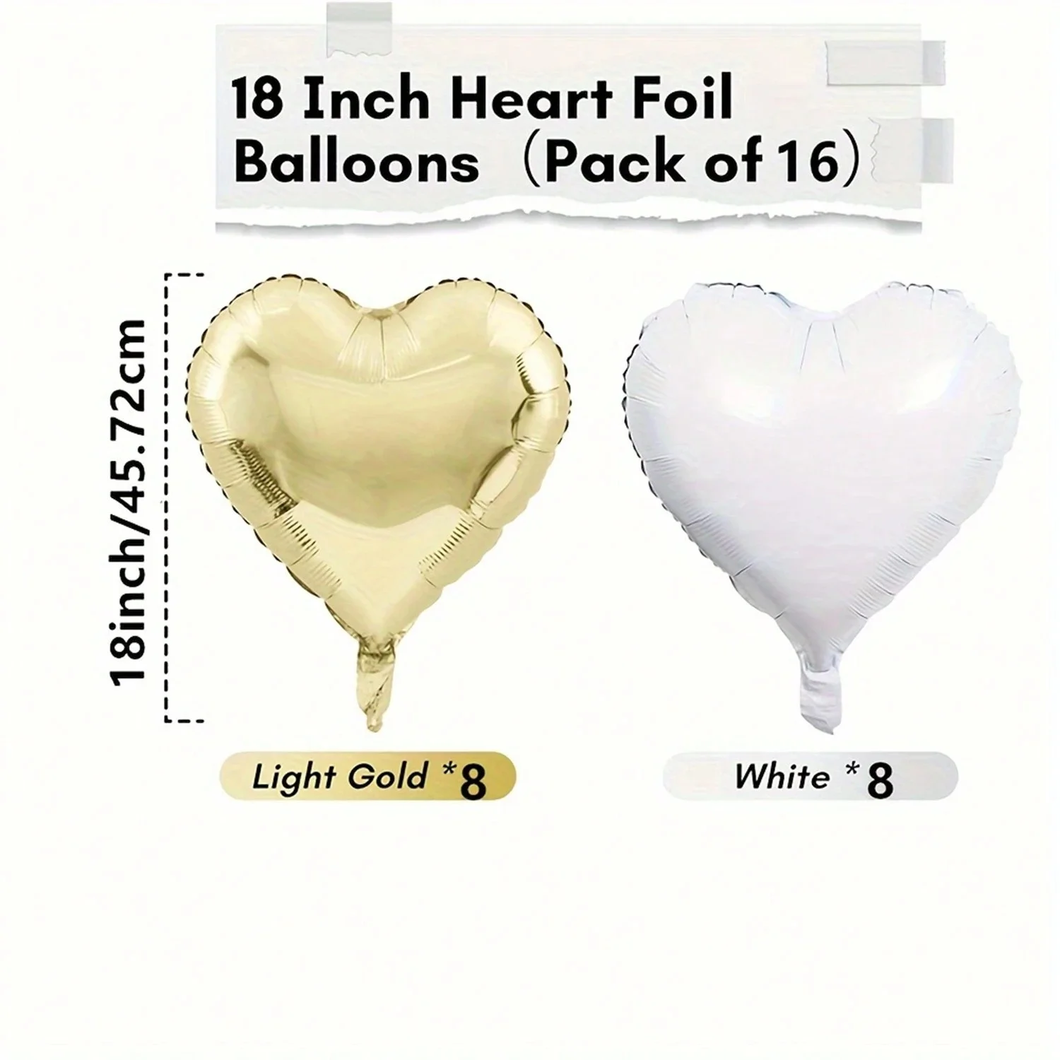 16 Stück/Set 45,7 cm großer herzförmiger Folienballon in Hellgold und reinweiß, geeignet für Geburtstag, Jahrestag, Hochzeit, Valentinstag – Detail 5