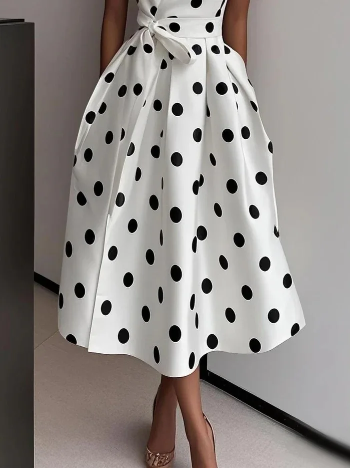 Sukienki letnie damskie bez rękawów retro Hepburn w kropki z dekoltem w serek czarno-białe pin up na imprezę sznurkowe szerokie sukienki typu swing