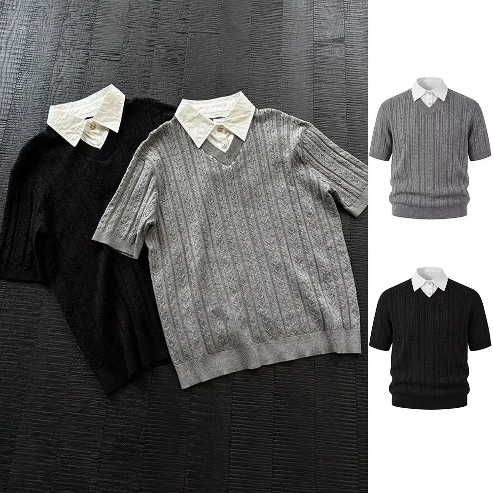 Summer Fake Two-Piece Cable Lapel Short Sleeve Knit Polo Shirt Men's Casual Top