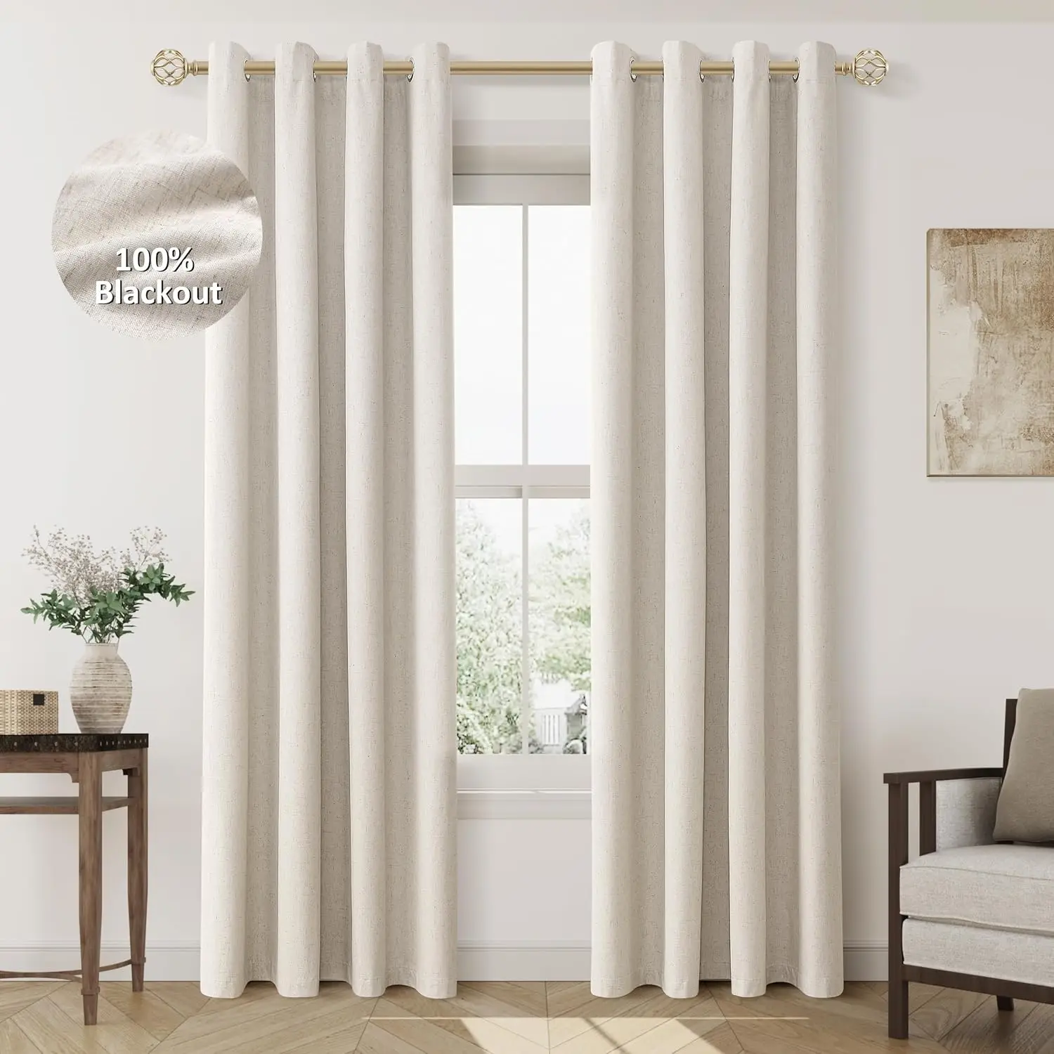 

Beige Linen Blackout Curtains 84 Length 2 Panels Set for Living Room Bedroom, 100% Black Out Thermal Insulated Linen Dra