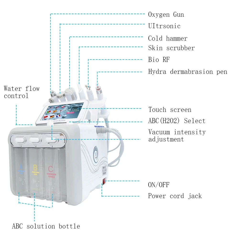 6 in 1 Wasserstoff Derma brasion Gesichts schönheit Maschine Aqua Peeling Tiefen reinigung Lifting Wasser Mikro derma brasion Gerät Hautpflege – Detail 3