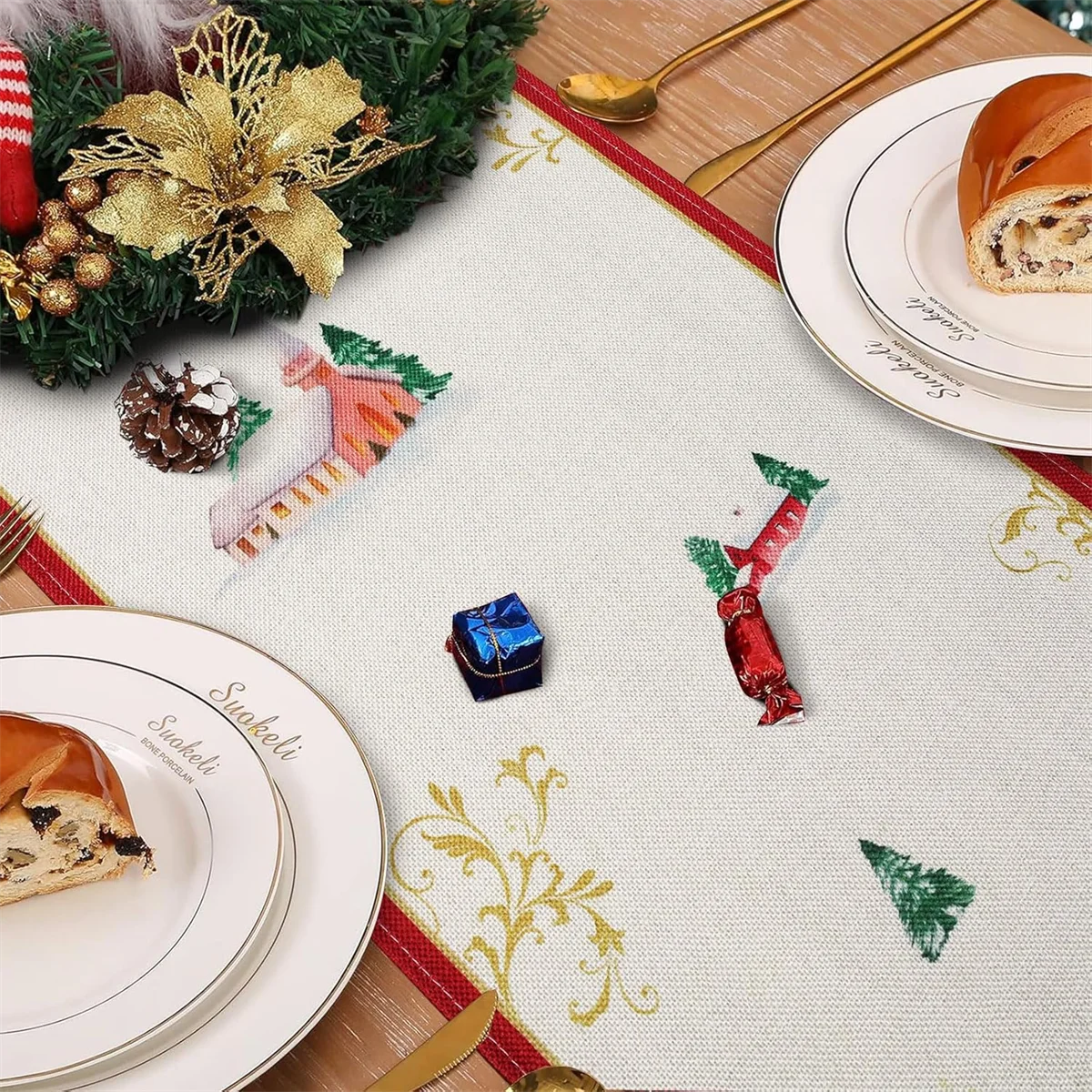 Christmas Reindeer Table Runner 13x72 Inch Santa Claus Sleigh Red Gold Seasonal Winter Holiday Kitchen Dining Table Decoration