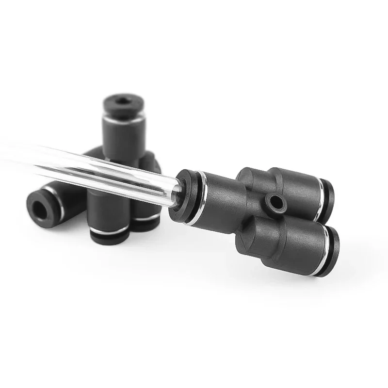 Tubo dell'aria OD 3mm 4mm 6mm raccordi pneumatici neri connettore in plastica tubo flessibile dell'acqua dell'aria spingere in PU gomito PV dritto PE PY 3 vie