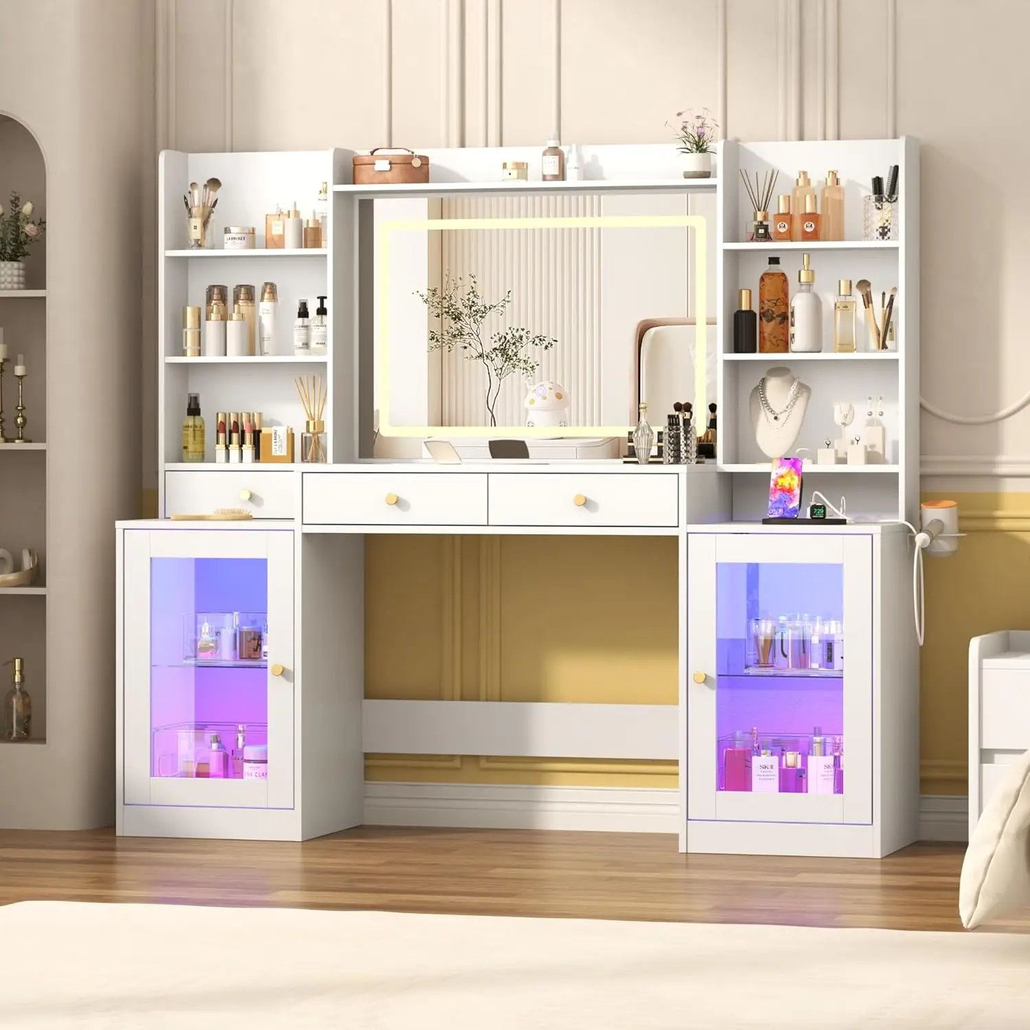 62 Large White Vanity Desk W/ Tempered Glass Top,60000-color LED Lights,Power Outlet, Make Up Vanity W/ 3 Lights Mode LED Mirror