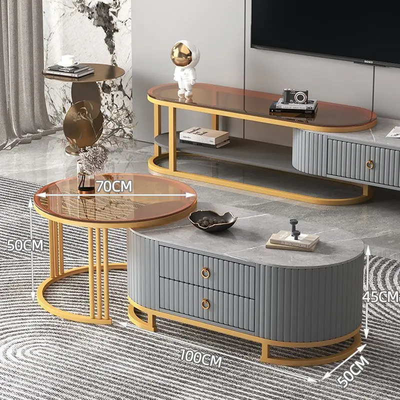 New rock slab coffee table TV cabinet light luxury modern high-end home living room oval telescopic coffee table side group