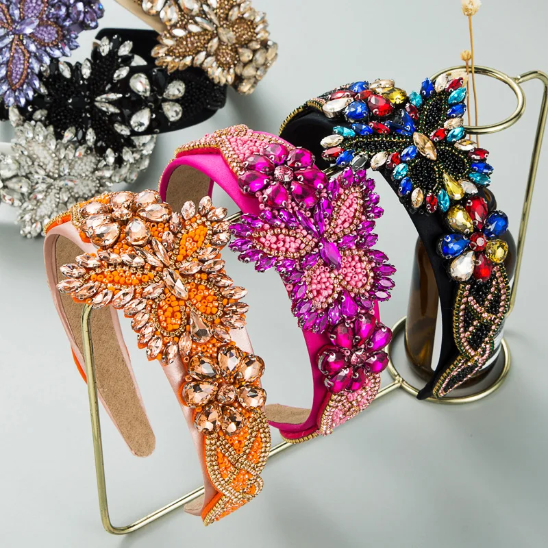 European and American Baroque Solid Color Glass Rhinestone Butterfly Wide Headband - High-end Prom & Banquet Hair Accessory