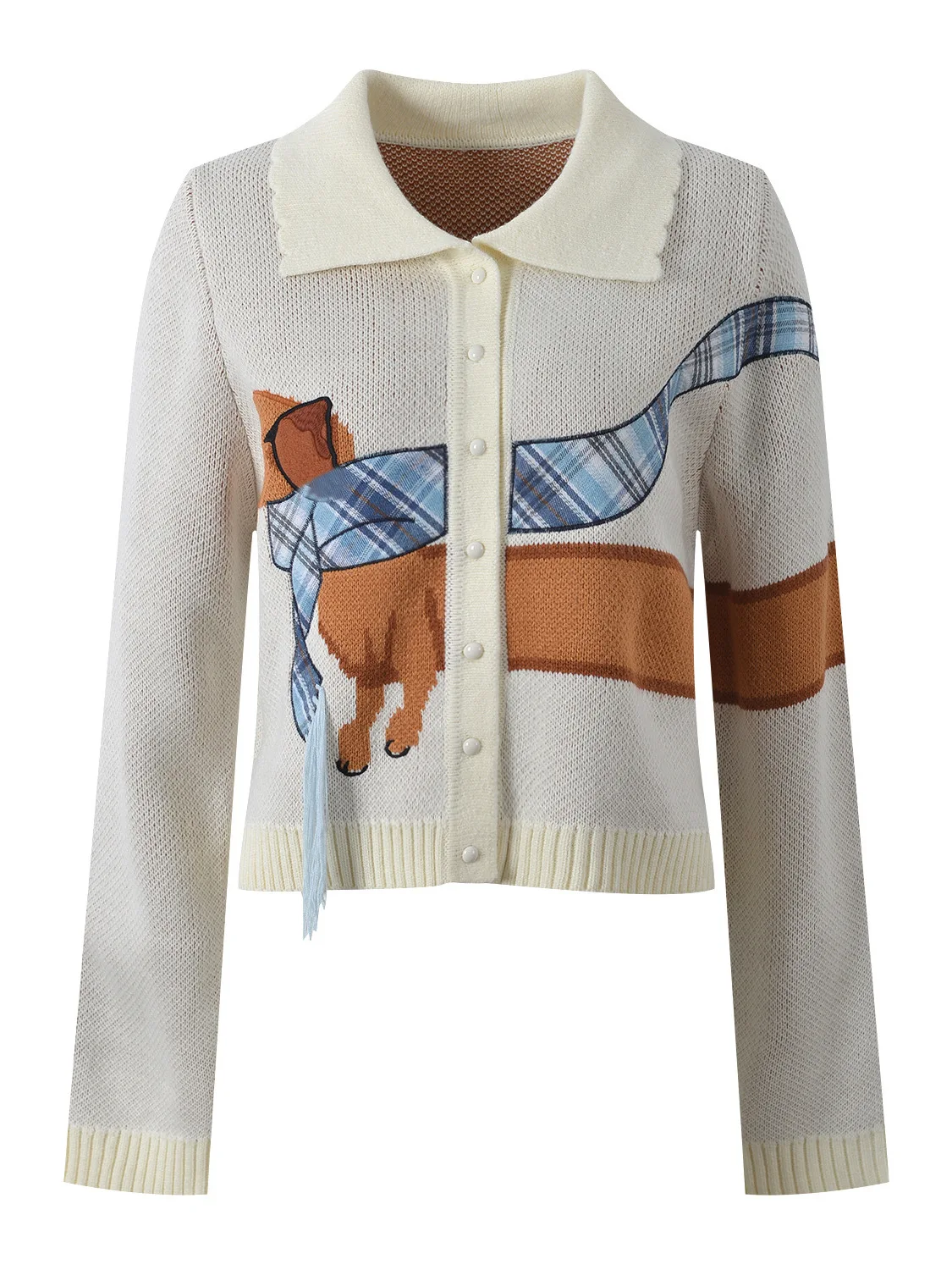 Autumn 2025 Fashionable Dog Embroidery Loose Knitted Long Sleeve Turn-down Collar Open Cardigan Top Women's Vintage Style