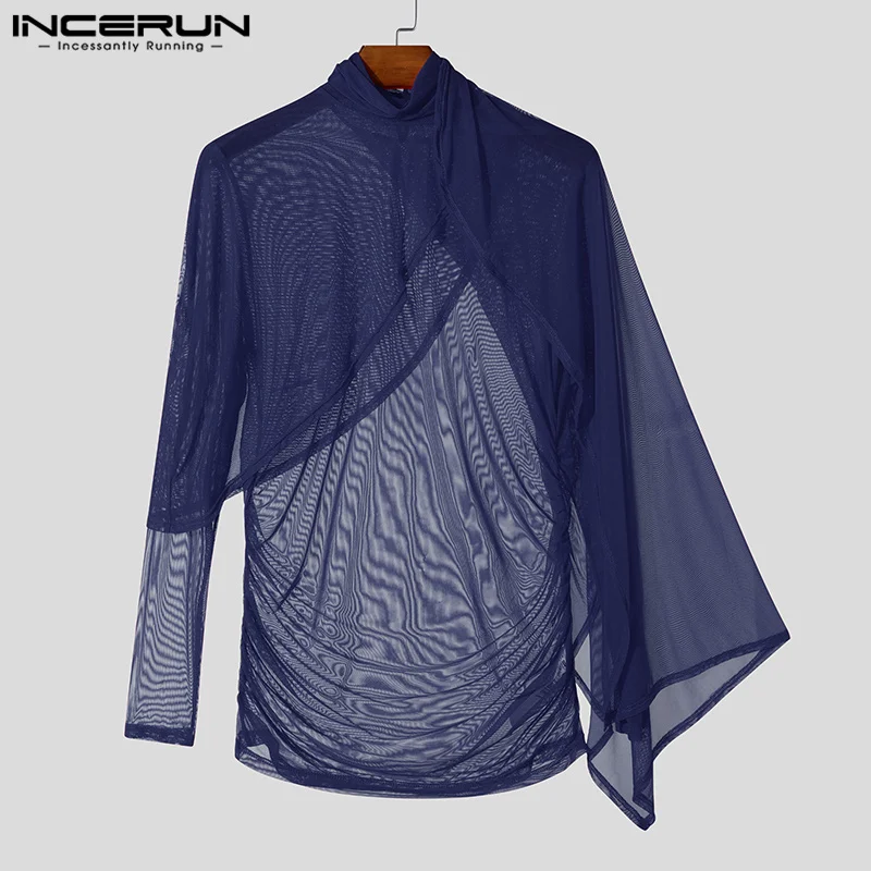 INCERUN See Through Solid Color Knitted T-Shirts Men Long Sleeve High Collar Camiseta Ruffled Edge Sexy Elegant Tops Fashion Top