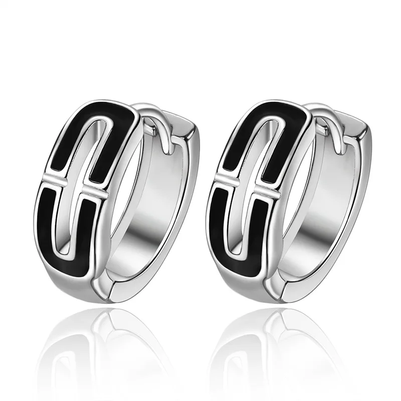 

925 Sterling Silver Hoop Earring Black Pattern Earring For Women Fashion Korea Silver Jewelry New