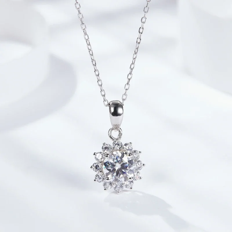 Sunflower Silver Pendant Moissanite Necklace For Women Silver Color Long Chain Sun Flower Jewelry Silver 925 Jewelry