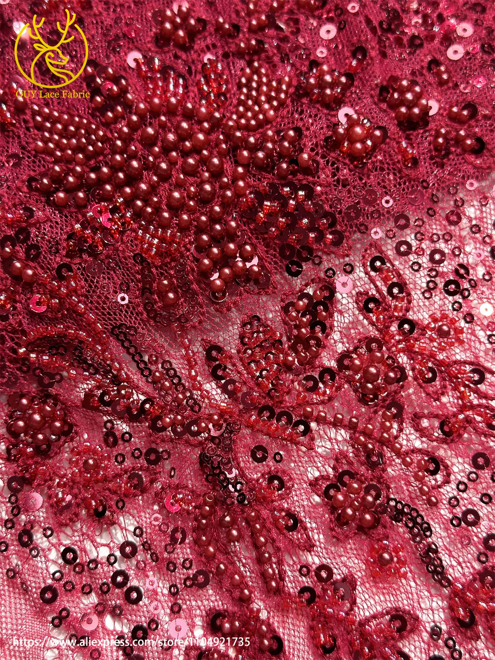 Luxuriöser afrikanischer Perlen-Mesh-Stickerei-Spitzenstoff für Damen-Partykleider 2026 – Nigerianische französische Pailletten-Spitzenstoffe zum Nähen – Detail 10