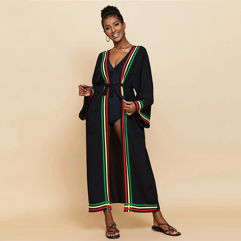 طويل قفطان عادية الأسود بيكيني التستر الخامس الرقبة الجانب سبليت شاطئ فستان صيفي ملابس النساء ملابس الشاطئ بدلة السباحة التستر