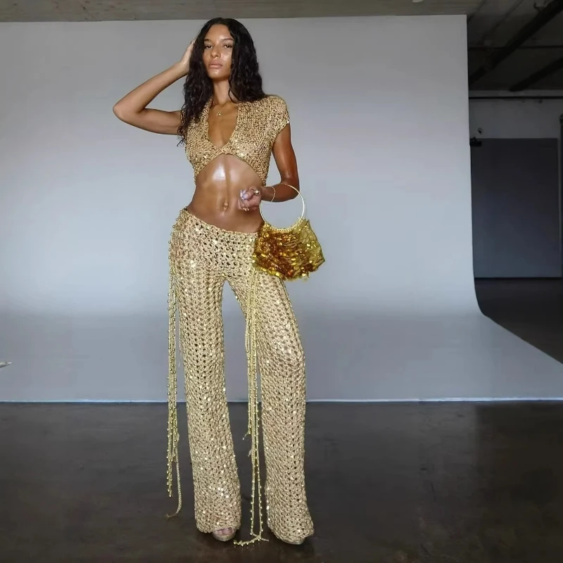 

2026 Summer New Fashion European and American Sexy Spice Girl Style Hollowed-out Sequined Halter Pants Two-piece Set for Women