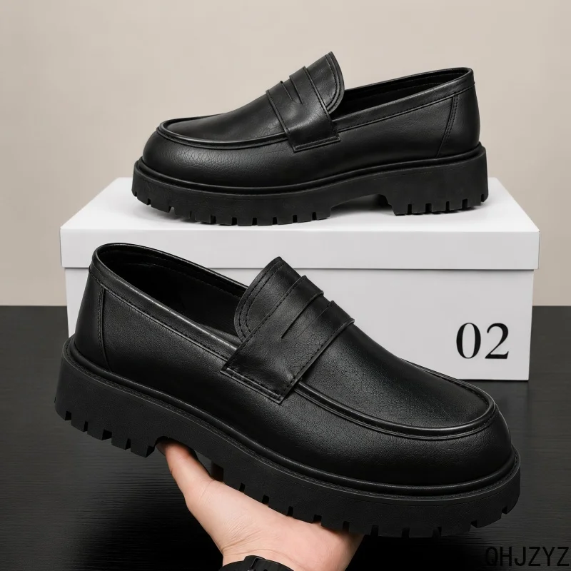 Plus Size Wide Width Business Footwear Men's Loafers Slip On PU Leather Casual Shoes British Style Platform Sole