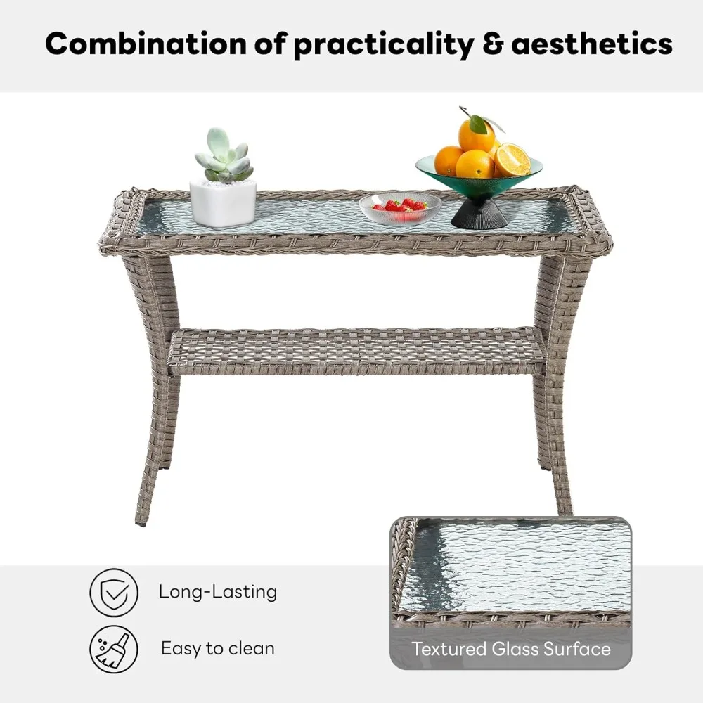 38 Inch Outdoor Coffee Table with 2 Tier Storage - Wicker Coffee Table with Water Ripple Texture Tempered Glass Top, All
