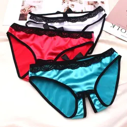 Open Crotch Underwear Women Sex Panties Low Rise Briefs Luxury Satin Silky Smooth Underpants Ladies Hollow Out Erotic Lingerie