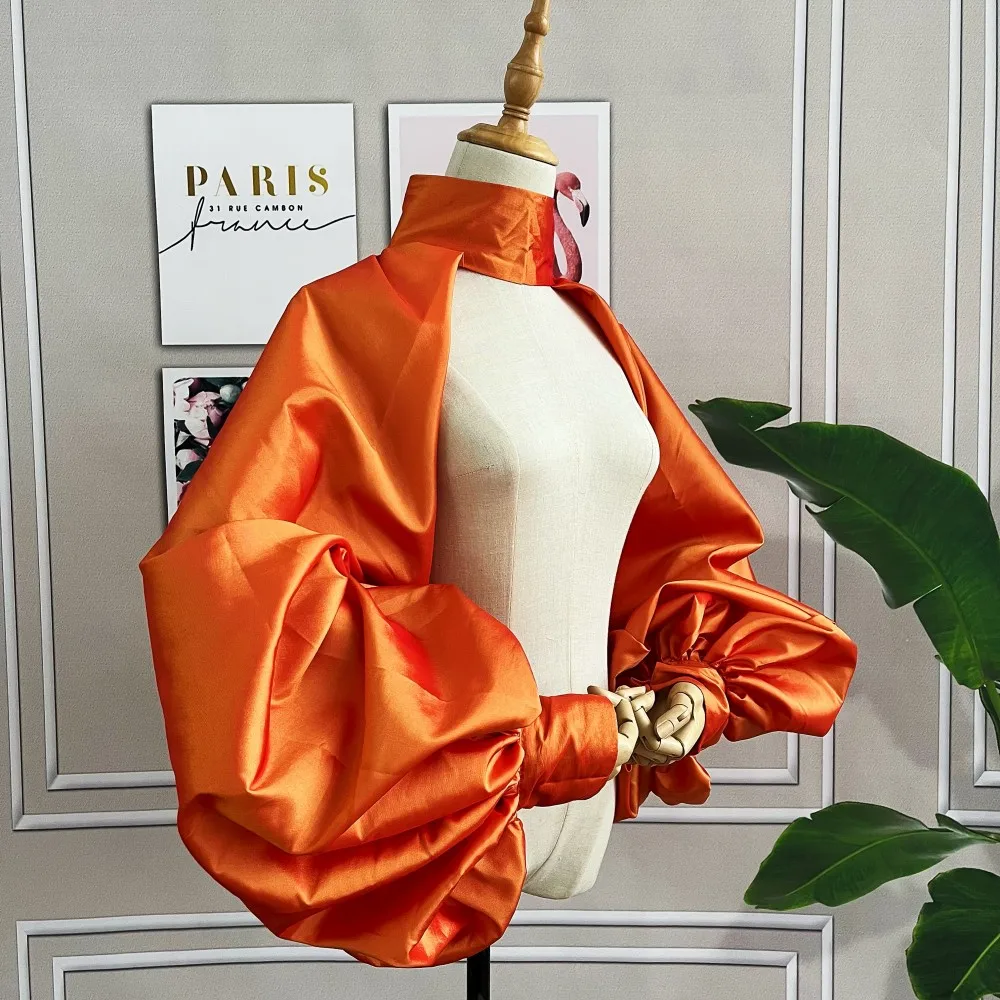 Orange Gold Fashion Jacket Puffy Sleeves Cloak Short Bolero Shawl High Neck With Buttons Bridal Accessories