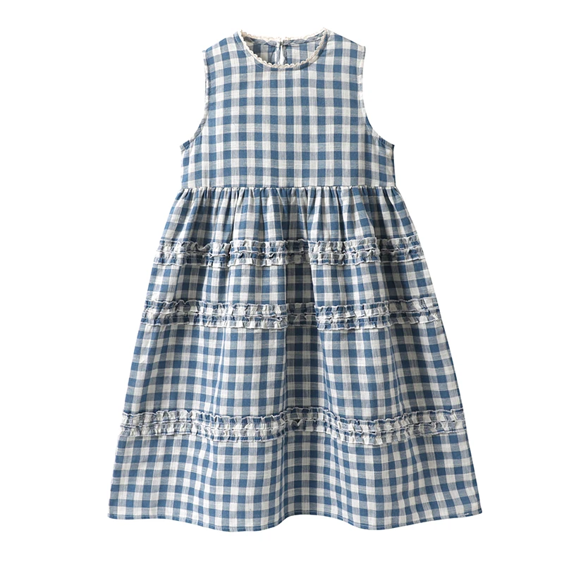 Pretty Girls Summer Sleeveless Gingham Dress Kids Blue White Plaid Ruffle Tiered Casual Sundress Chidlren Cotton A-line Dresses