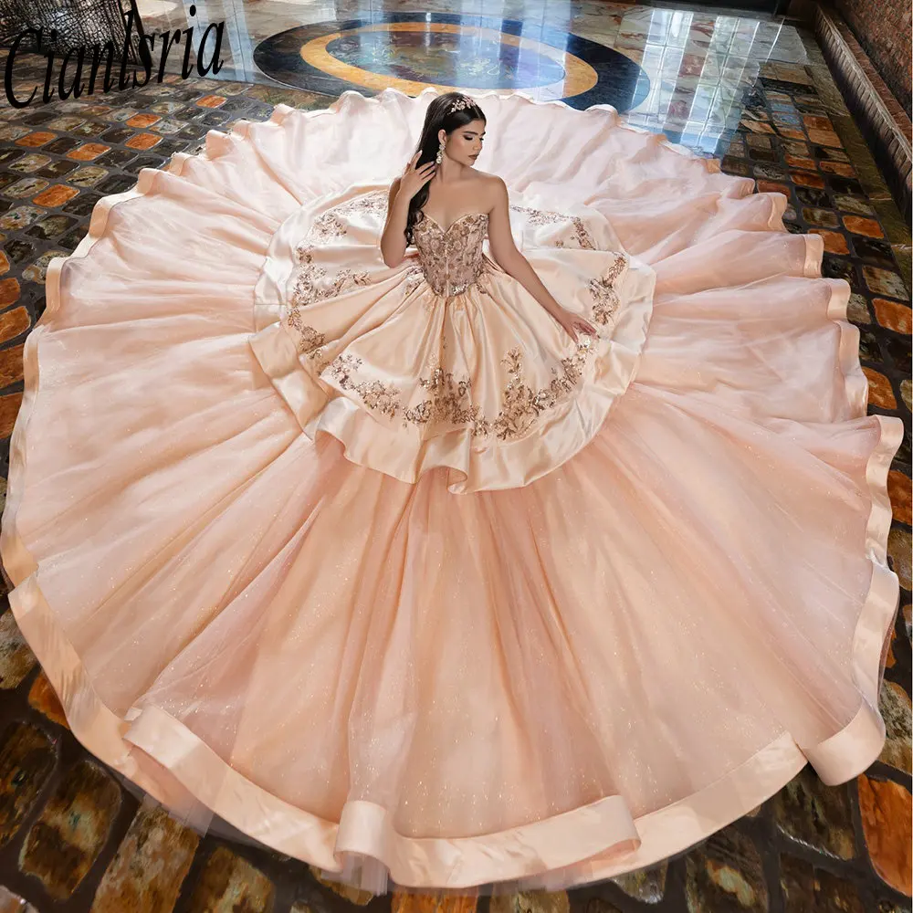 

Rose Gold Sleeveless Ruffles Quinceanera Dresses Ball Gown Sequined Appliques Lace Sweet 15 Años Mexican Customized