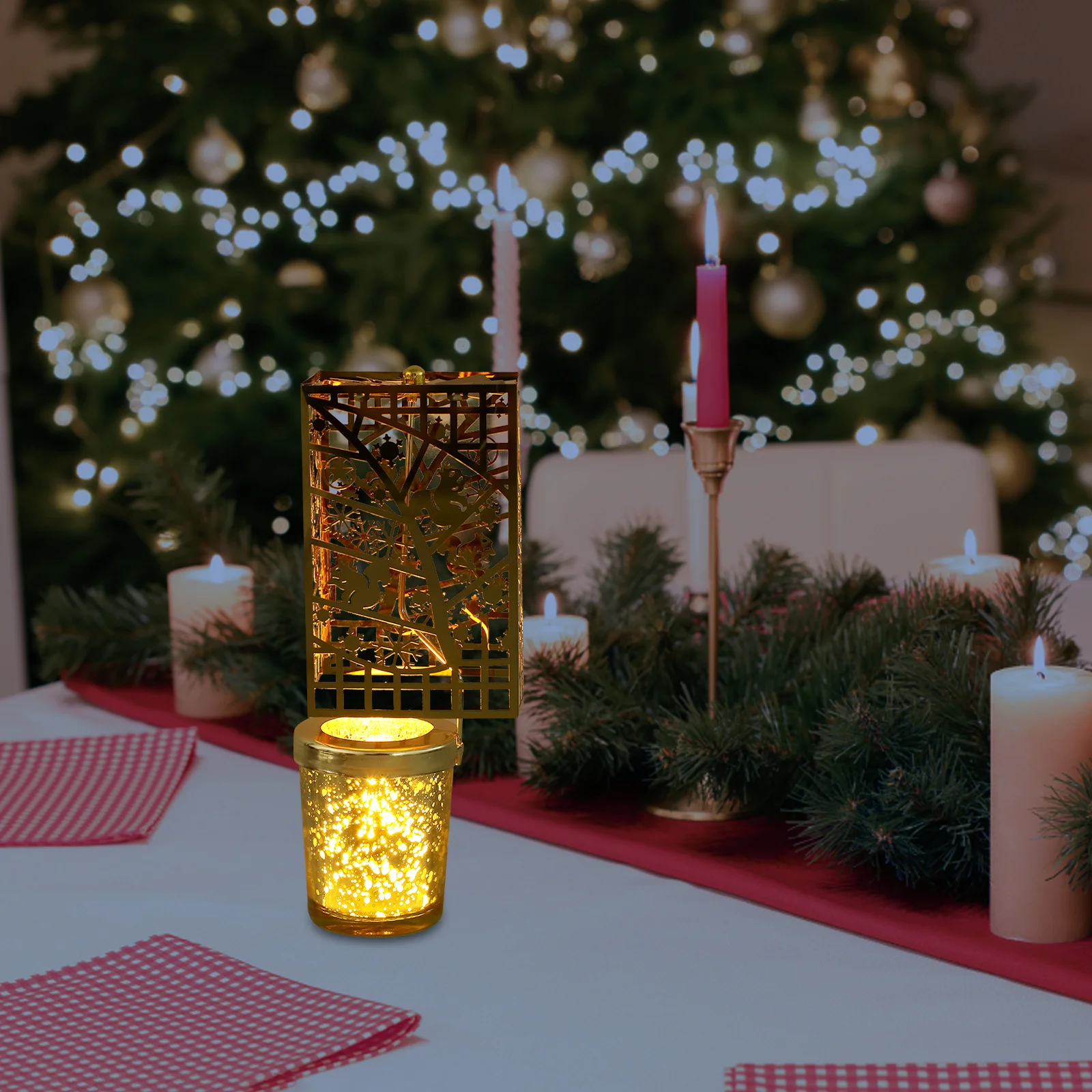 

Rotating Christmas Holder Golden Hollow Design Spinning Tealight Carousel For Holiday Party Table Decor Xmas Tree