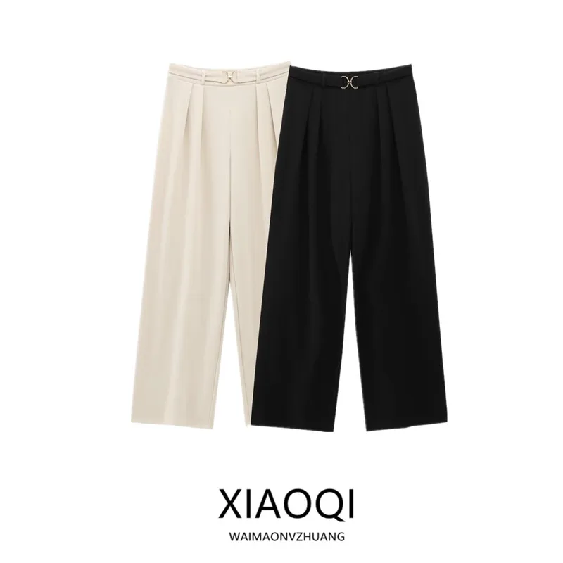 بنطلون رسمي للربيع بخصر عالٍ وساق مستقيمة بإبزيم معدني مزخرف سروال طويل مرن للسيدات موضة ممتازة