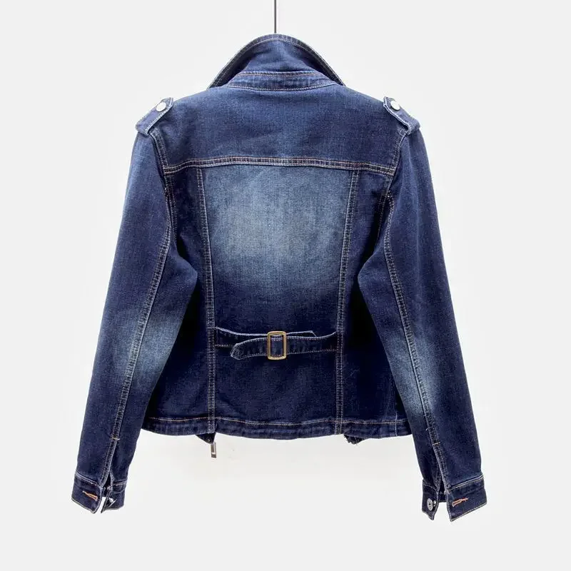 Short Zipper Stretch Denim Jacket Women Slim Vintage Spring Autumn Lady Long-sleeved Motorcycle Coat Casual Female Jean Outwear