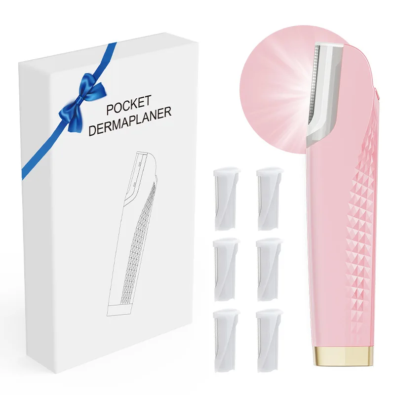 

Женская светодиодная акумуляторная дермаплан-бритва со светодиодной подсветкой, 6 сменных лезвий, 3 скорости, инструмент для отшелушивания волос и пуха