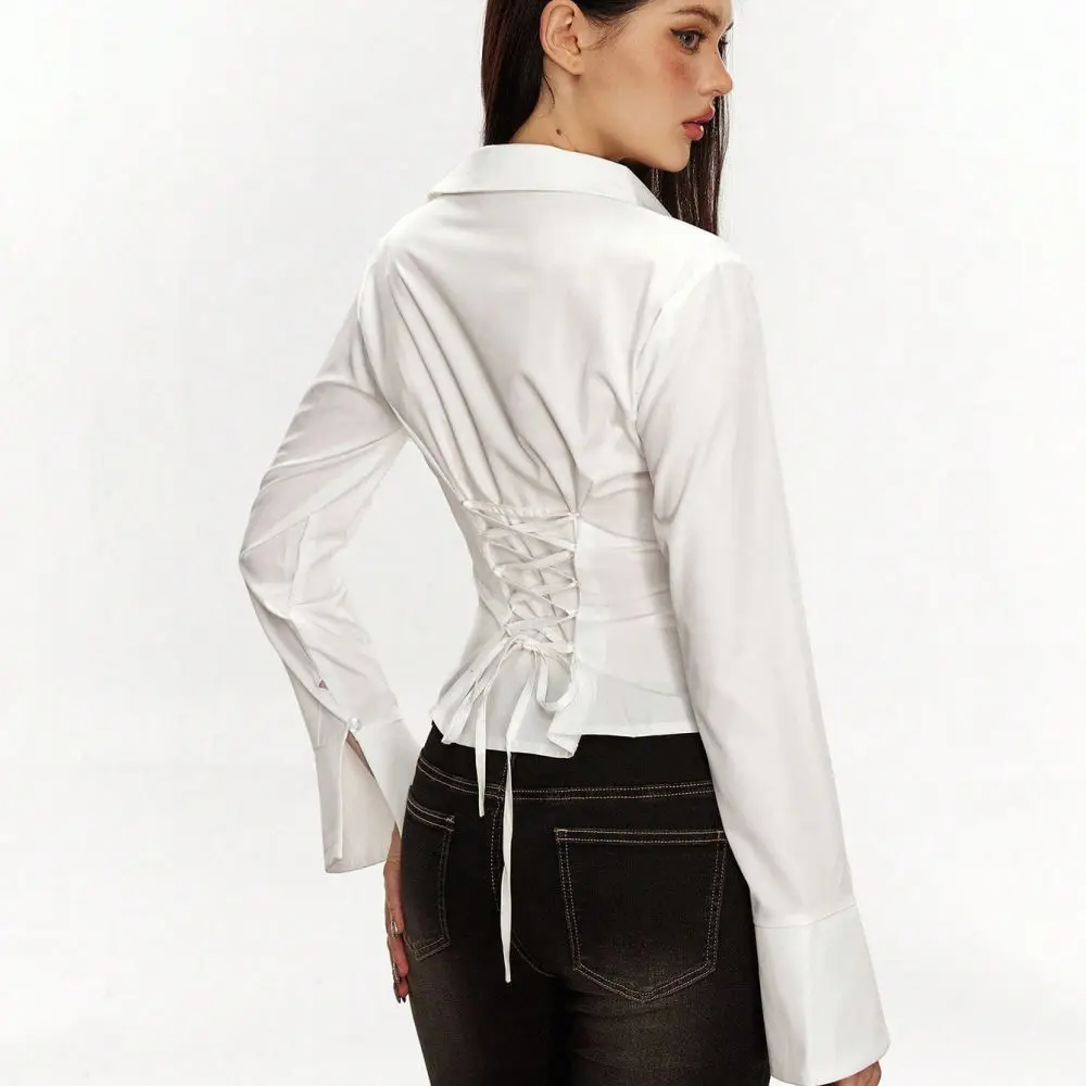 Slim Fit White Black Shirt Women Polo Neck Long Sleeve Blouse Simple Style Elegant Casual Fashion Button Up Commuter Tops