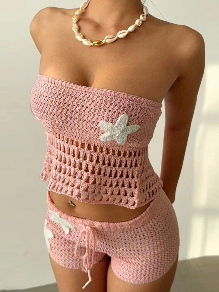 

Sisterlinda Appliques Knitted 2 Piece Set Trend Hollow Strapless Slim Tanks+Matching Bandage Shorts Mujer Summer Holiday Outfits