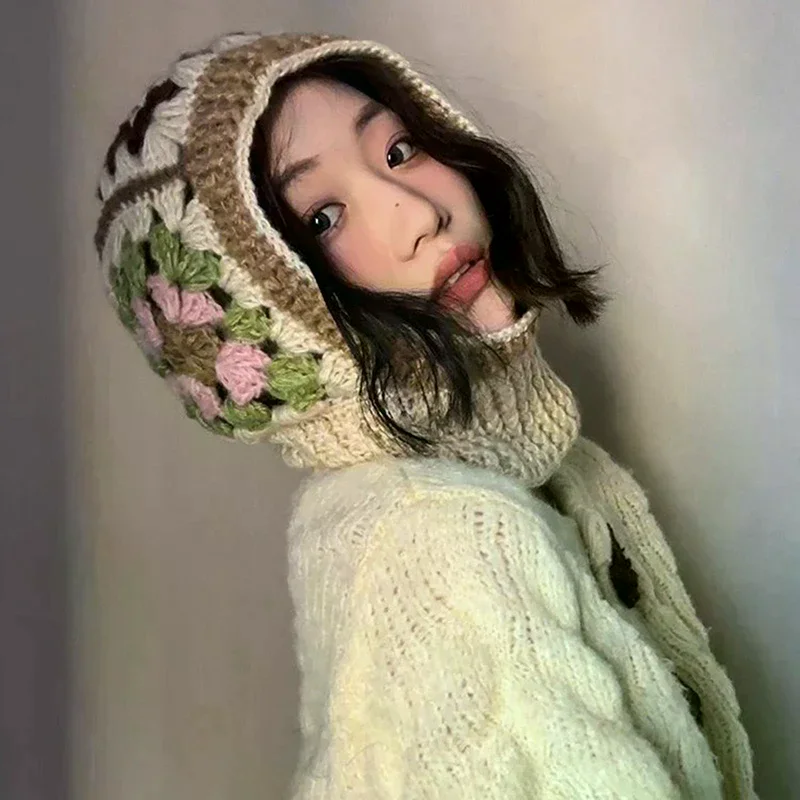 

Вязаные шапки с капюшоном, зимние шапки-балаклавы, женские уличные теплые шапки на шнурке, шапки с воротником на шее, шапки