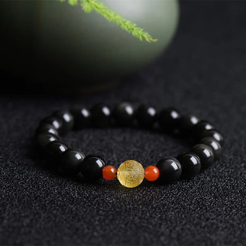 

Натуральный обсидиановый браслет с одним кольцом и опалом