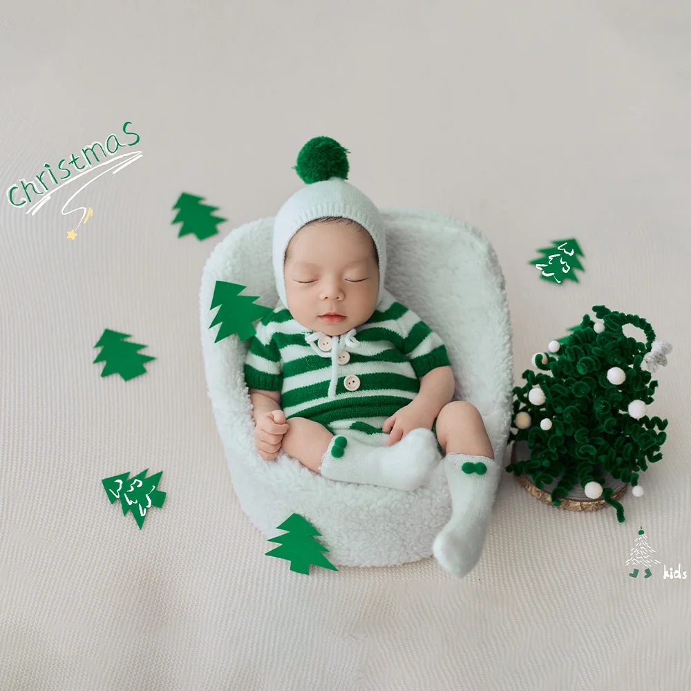 Knitted Green Striped Jumpsuit+Bobbles Hat+Socks Baby Christmas Costume Baby Romper Studio Newborn Xmas Theme Photography Outfit