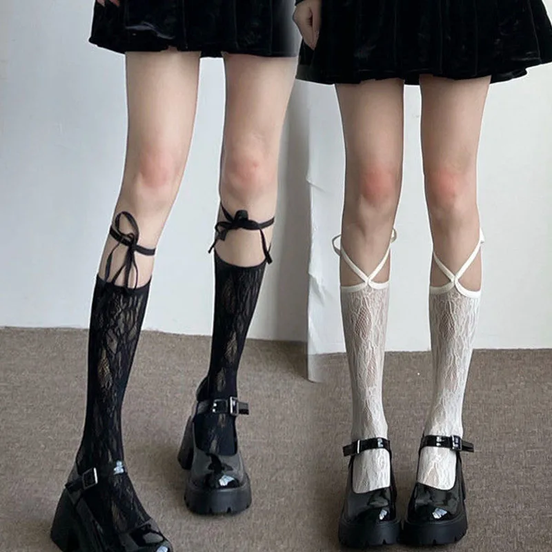 Lolita Street Split Toe Socks Strappy Lace Fishnet Stockings Cool JK Girl Knee Socks Japanese Grils Jk Long Knee High Socks