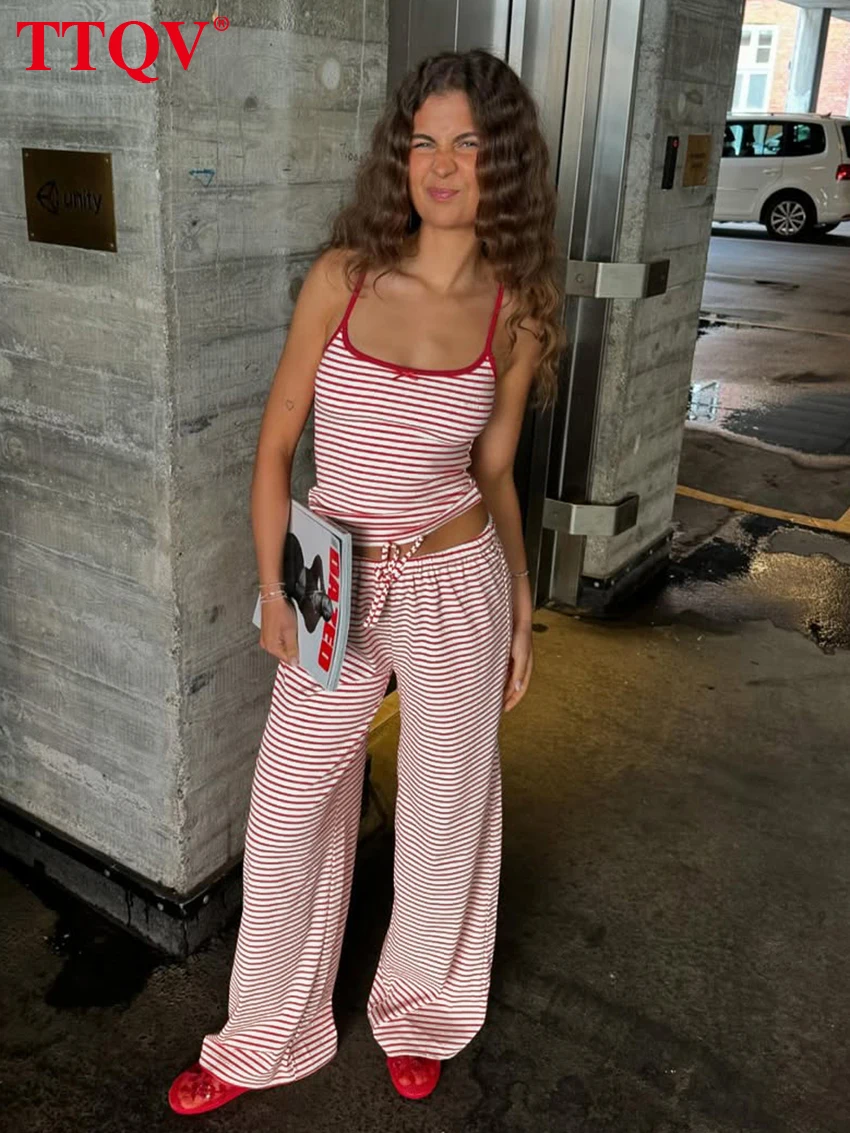 

TTQV Sexy Loose Red Stripe Trousers Sets Woman 2 Pieces Summer Sleeveless Tank Top With High Waist Pants Set Female Clothing