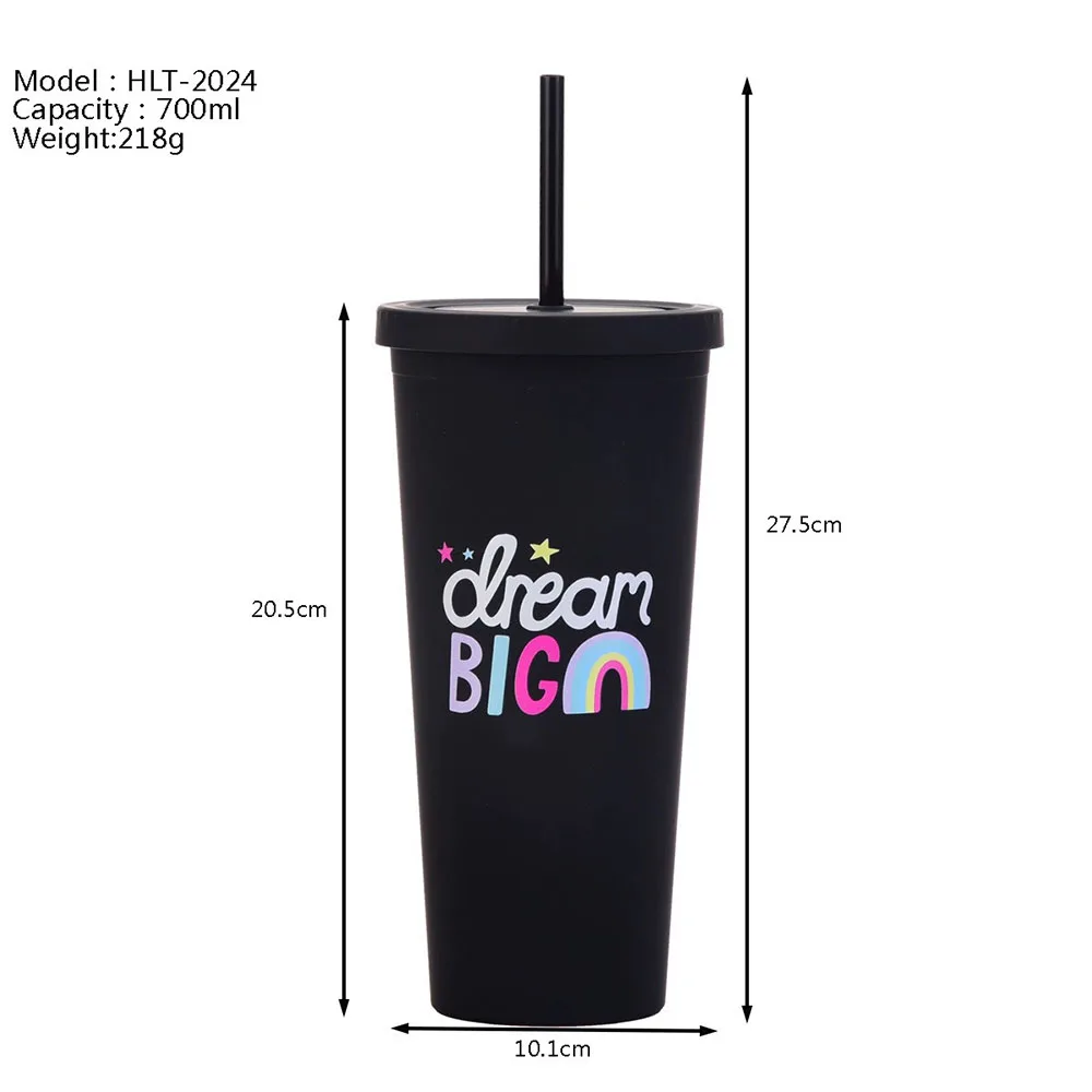 Portable Double Layered Plastic Straw Cup with Flat Lid Office Gifts Student Water Cup Eco-Friendly Cartoon Design for All