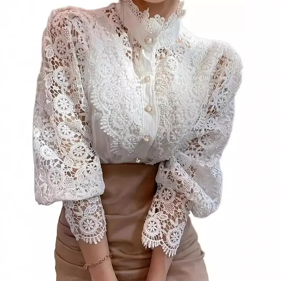 

2025 plus Size Women's Lace irt Collar Long Sve Bubble Sve Top Pure Color Stand Collar Bubble Sve Long Dr