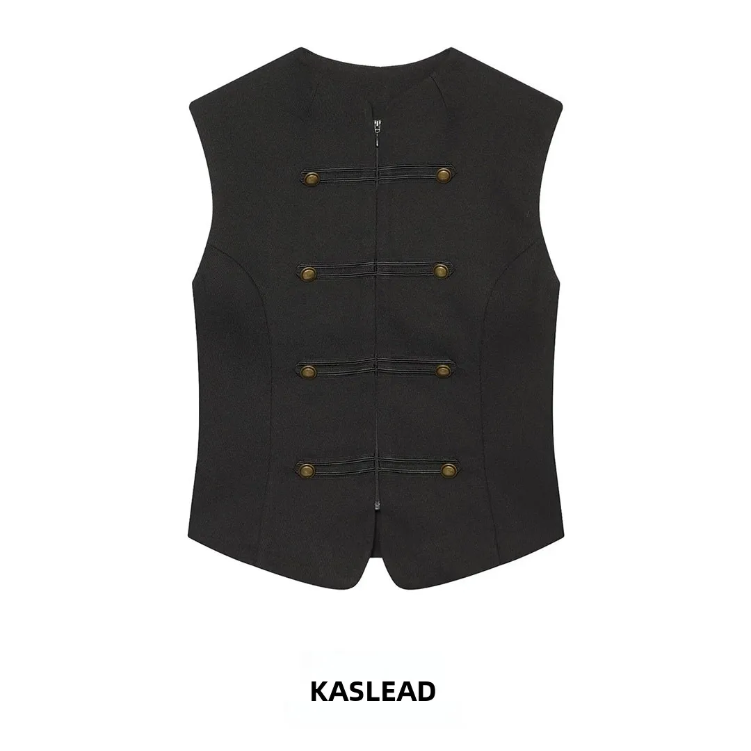 KASLEAD New Women's Fashion Versatile Design Checkered Vest 1354932 Outerwear Polyester Fiber Regular Length No Chest Pad