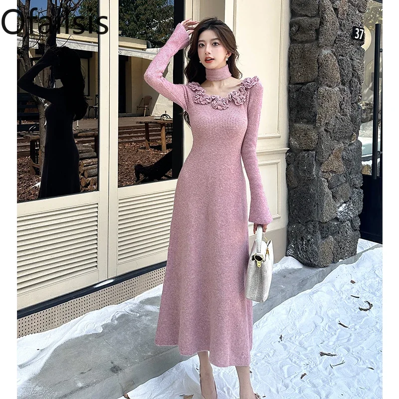 Ofallsis Solid Color French Knitted Dress 2024 Autumn Women's Autumn Winter 3D Decoration Interior Undercover Bag Hip Dresses