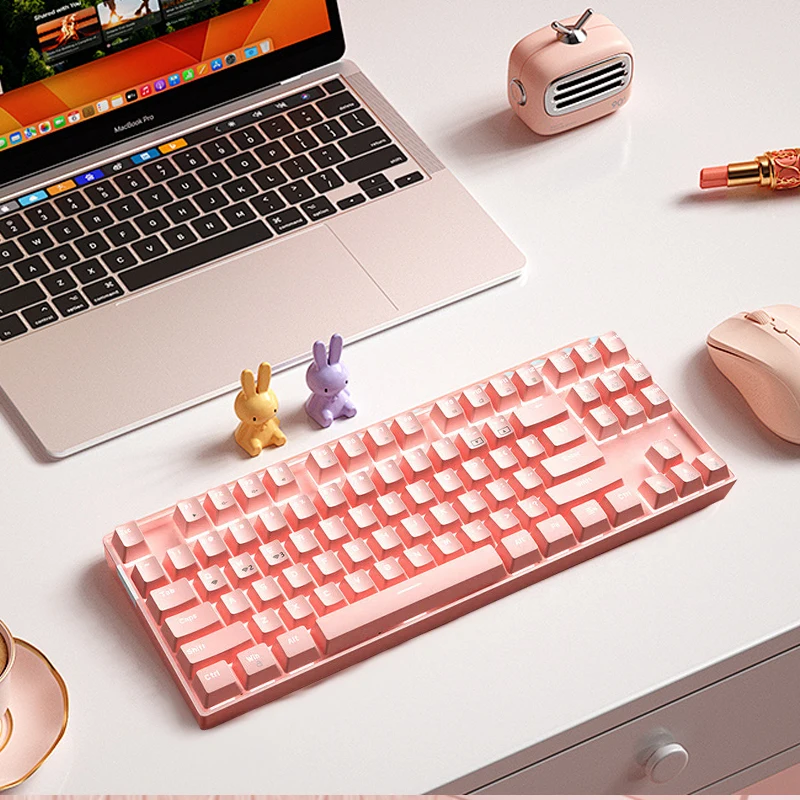 Imagem -05 - Teclado Mecânico Rosa 87 Teclas Três Modos Rgb Bt5.0 2.4g Usb-c Teclado