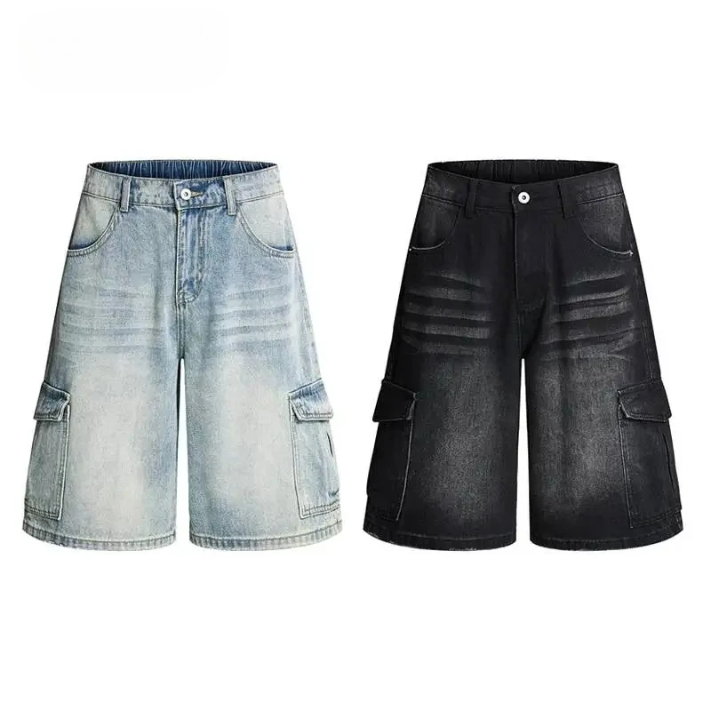 

Streetwear Men's Cargo Denim Shorts Two Tone Washed Multi Pocket Wide Leg Baggy Casual Pants
