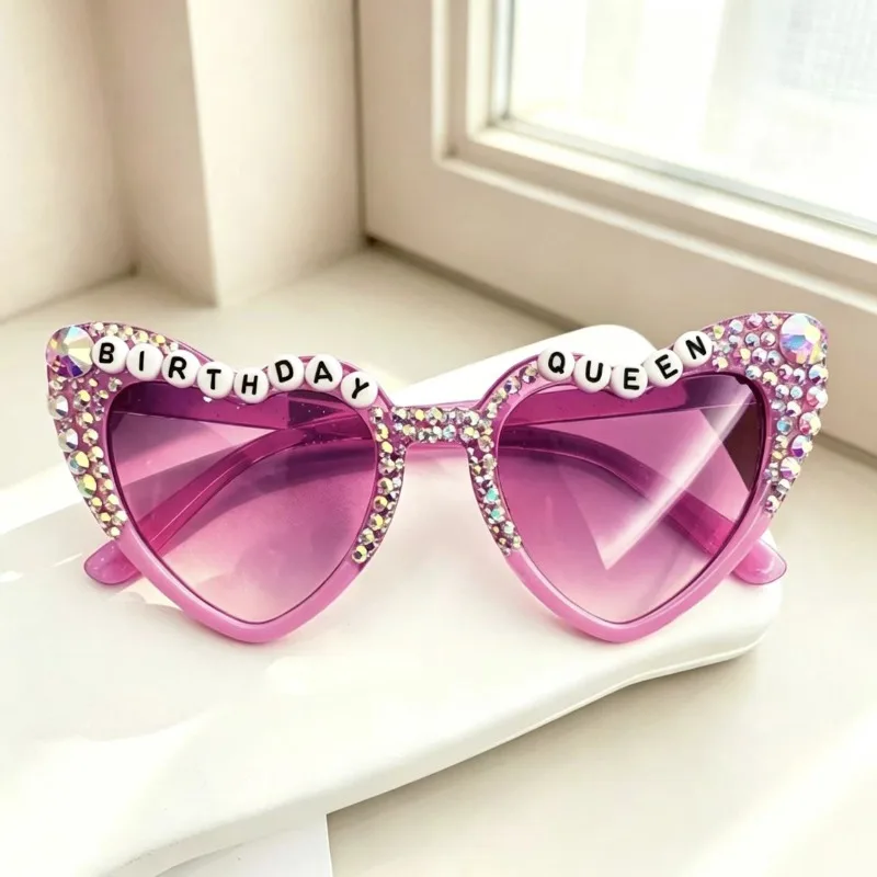 Birthday Queen Sunglasses Heart Shaped Shiny Bling Diamond Pearl Sunglasses for Women Birthday Party Gift Favors