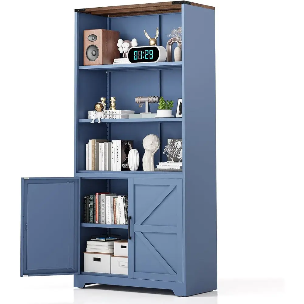 

Blue Bookcase with Doand Adjustable Shelves, Steel 70" Tall Bookshel Display Cabinet, 6-Tier Tall armhouse Metal Storage Cabinet