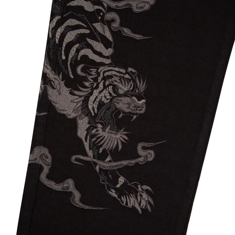 Derschutze série yakuza jeans preto y2k retro lavado calças de perna larga moda impressa couro gótico baggy baixo unisex jeans