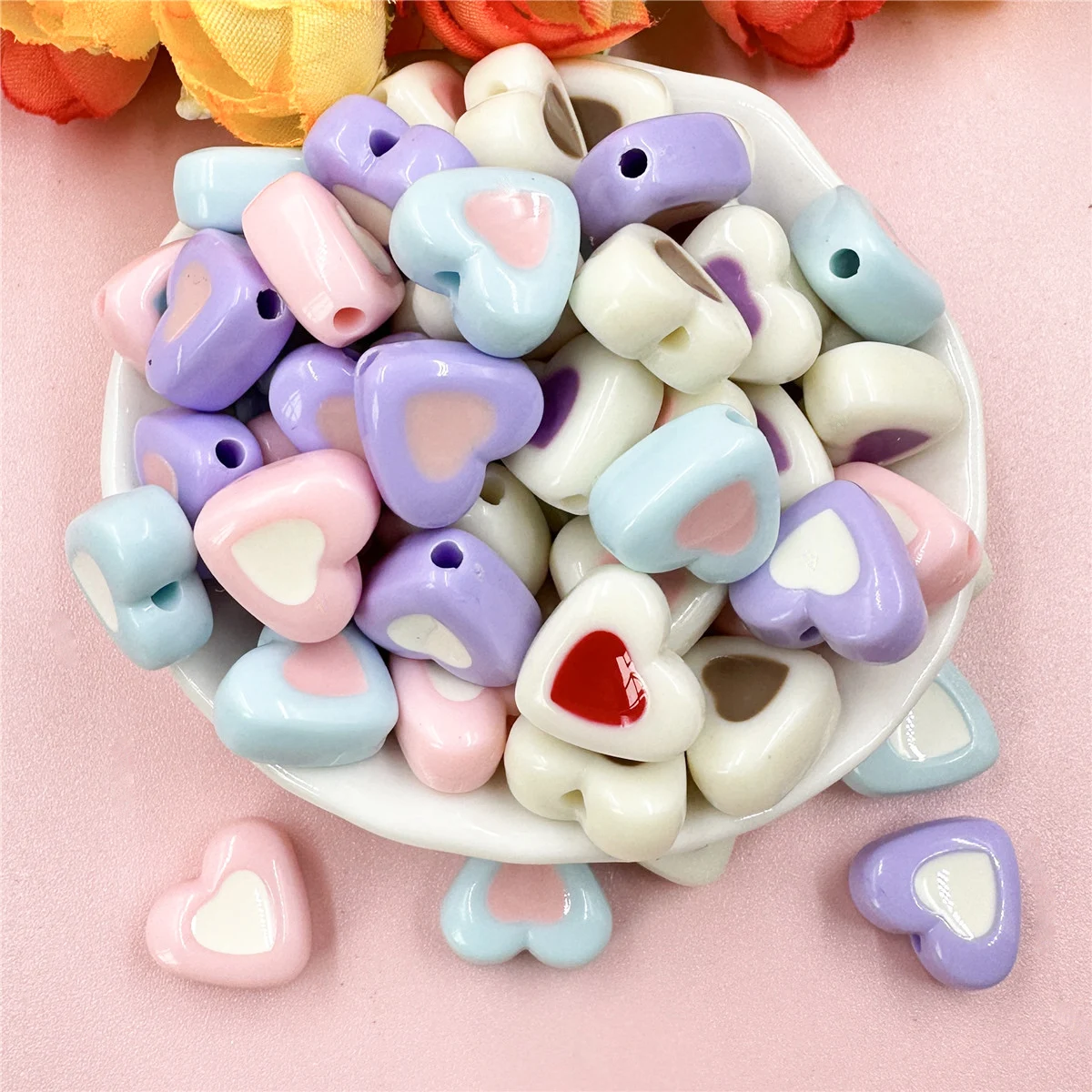 60pcs 14.4*12.9mm Acrylic Two Color Heart Beads For Bracelet Phone Chain Making DIY Jewelry Accessories Beaded Materials