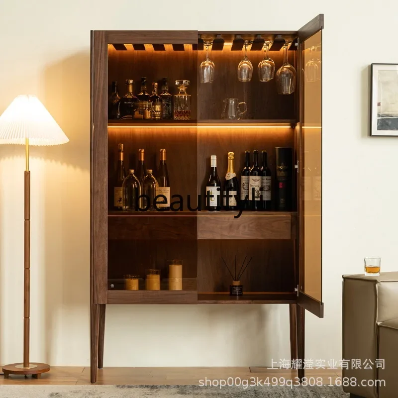 

Nordic Light Luxury Black Walnut Wine Cabinet Living Room Wall-Mounted Solid Wood Glass
