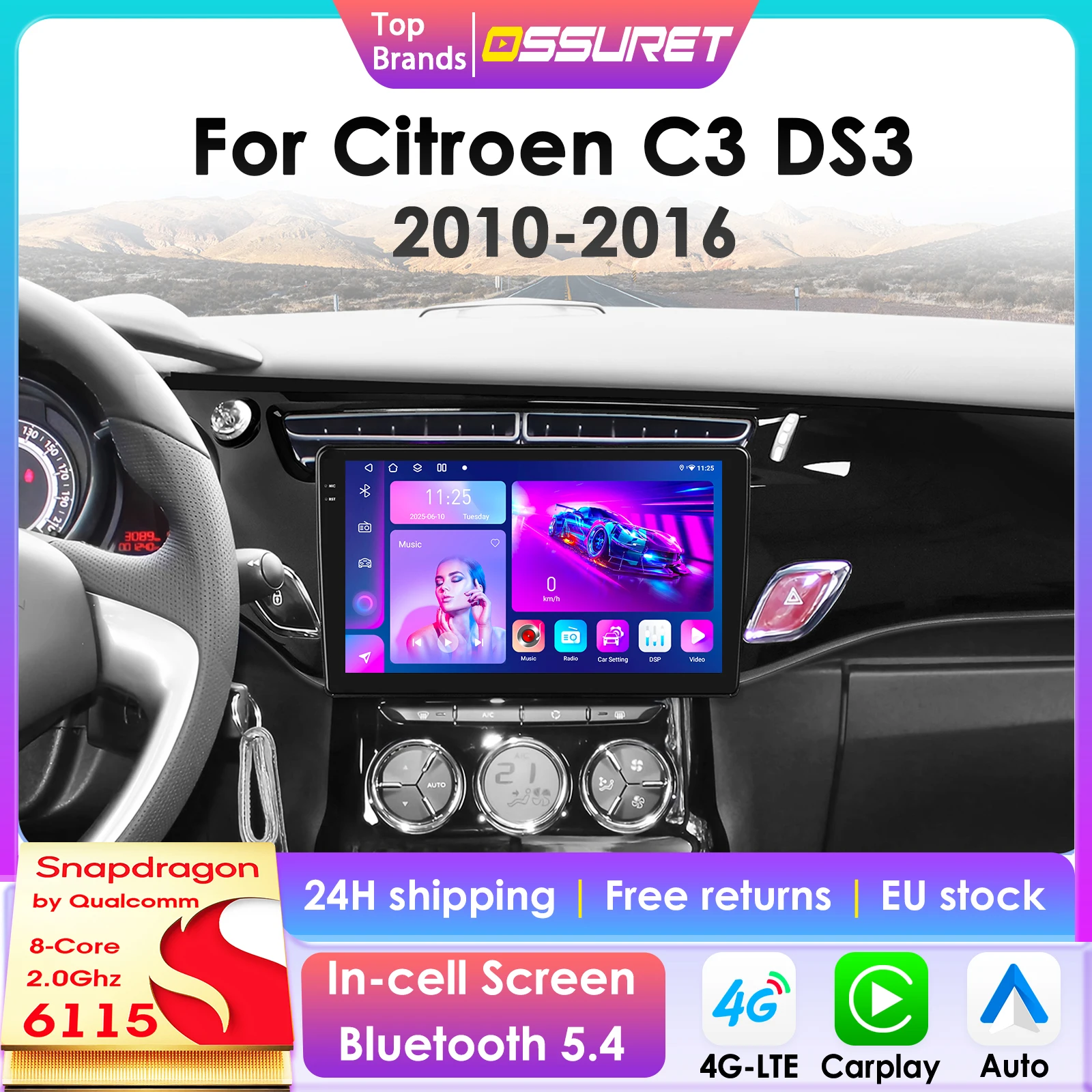 Autoradio Android 13 avec Écran Intelligent et Caméra pour Voiture, Lecteur Vidéo, 2Din, CarPlay, Cristaux, C3, DS3, 360-2010, 2016